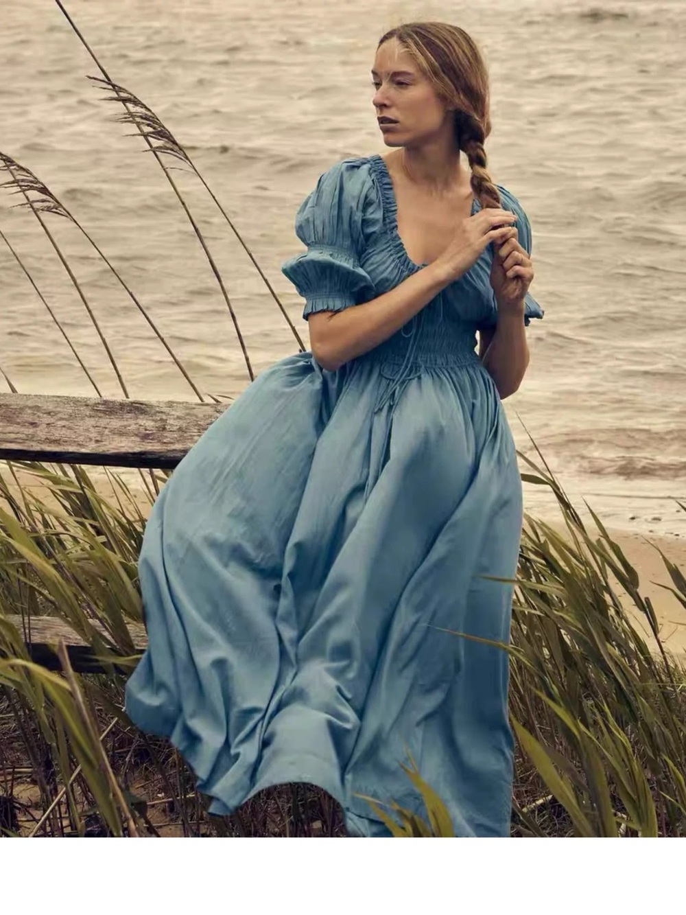 DÔEN Ischia Puff Sleeve Maxi Dress in Medallion Blue Blue